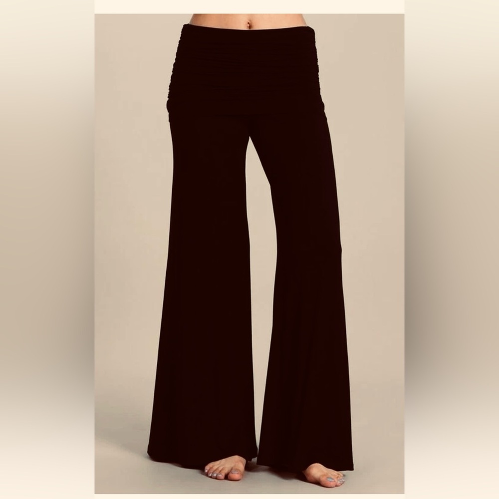 VENUS Long Black Wide Leg Waist Fold-Over Pants